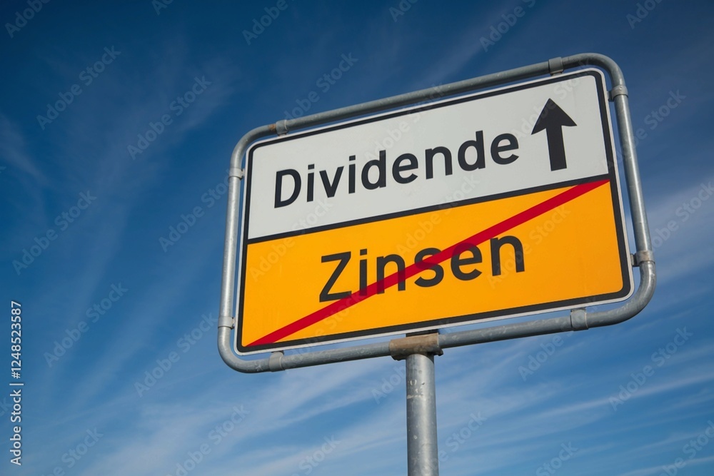 Straßenschild Zinsen enden und Dividende kann kommen Straßenschild Zinsen enden und Dividende kann kommen