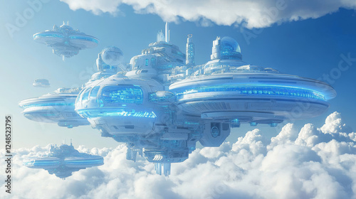 Fototapeta Naklejka Na Ścianę i Meble -  Blue stylish technology space station futuristic glowing background 3d rendering illustration