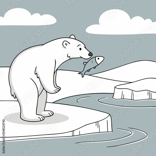 Polar bear with a tiny fish in its paw