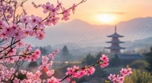 Delicate pink cherry blossoms bloom against a stunning sunset, framing a pagoda and mountains in the soft evening light