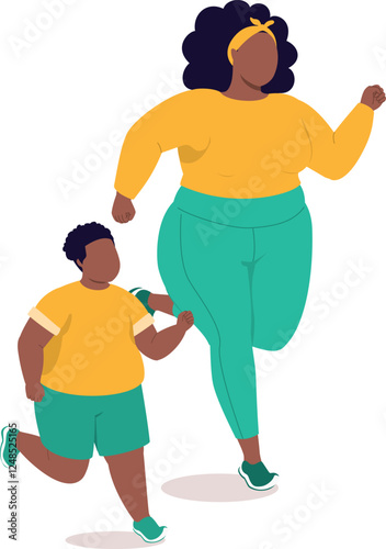 Plus Size Black Mother And Little Son In Activewear Running Together.