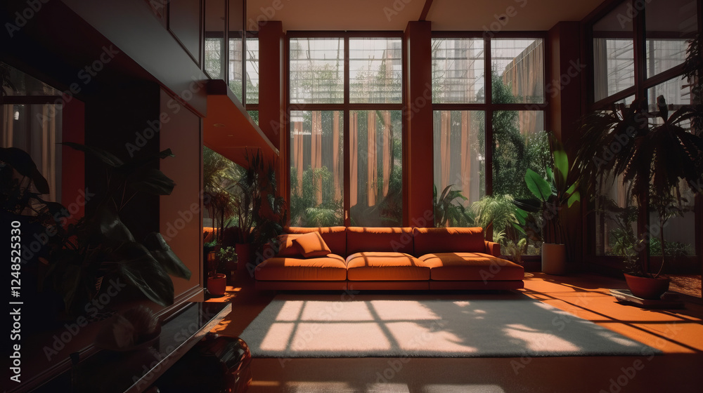 Fototapeta premium A bold living room featuring a bright orange sofa with white 