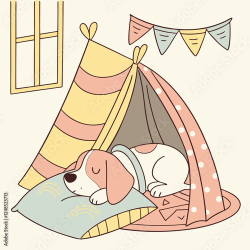 Puppy sleeping in a blanket fort