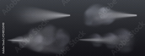 White spray mist collection - transparent water fog streams with tiny droplets, dust particles floating in air. Realistic 3d vapor effect on dark transparent background for beauty cosmetic design.