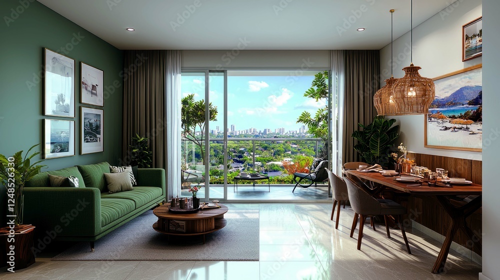 Fototapeta premium Modern Apartment Interior Design: Green Living Room with City View Balcony