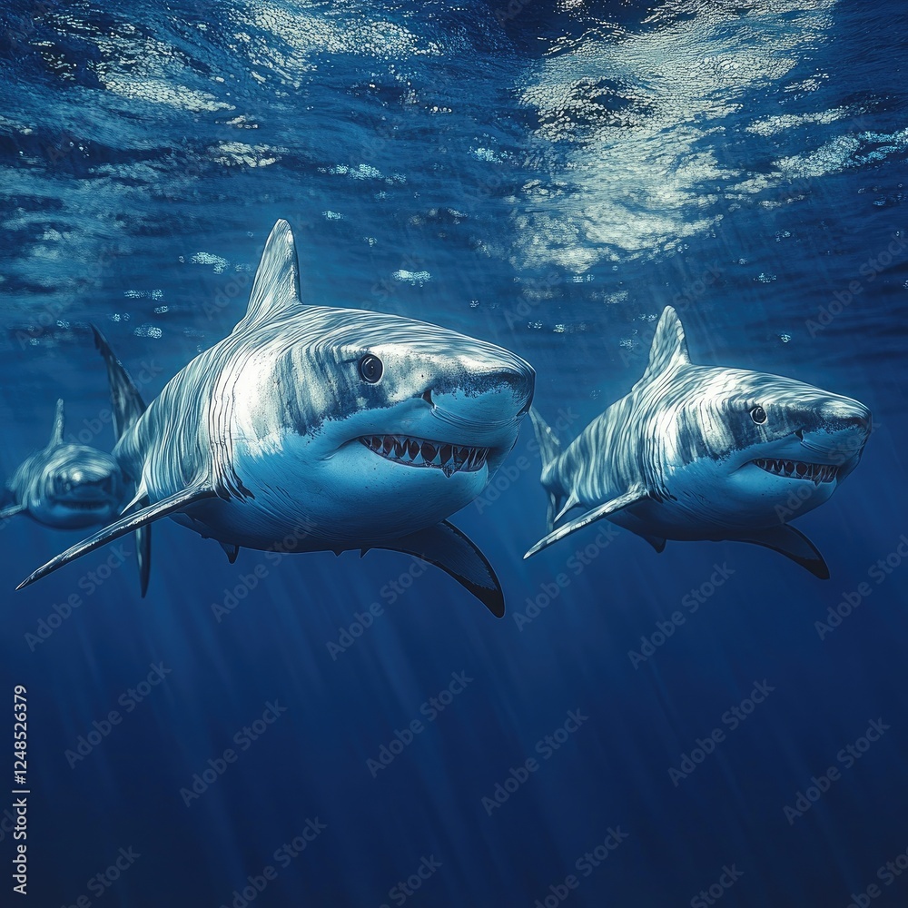 Naklejka premium Ocean's Apex Predators: Sharks Swim Gracefully