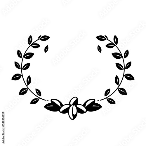 A circular design formed of leaves and petals, composed of black and white.