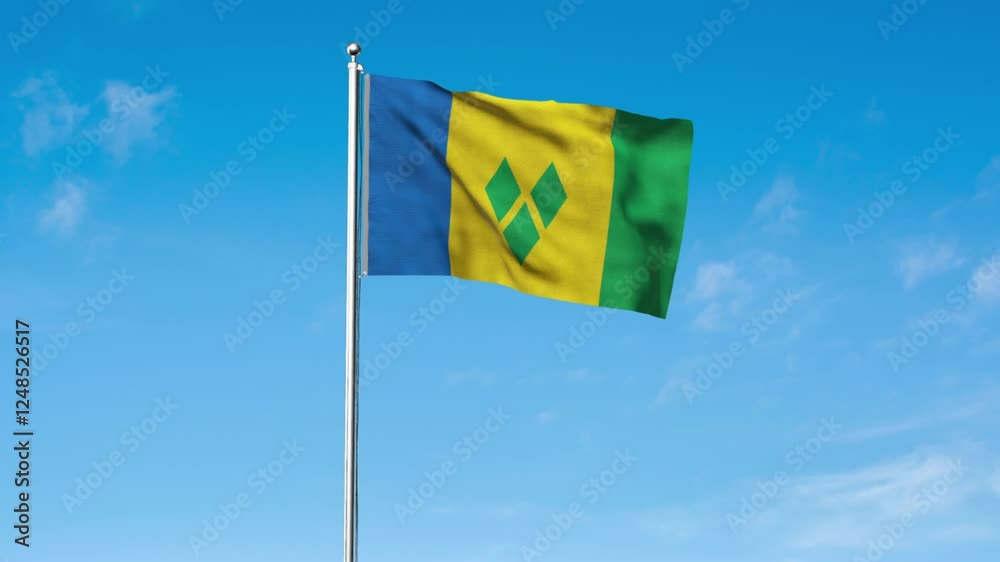High detailed flag of Saint Vincent and the Grenadines. National Saint Vincent and the Grenadines flag. North America. 3D Render. High detailed flag of Saint Vincent and the Grenadines. National Saint Vincent and the Grenadines flag. North America. 3D Render.