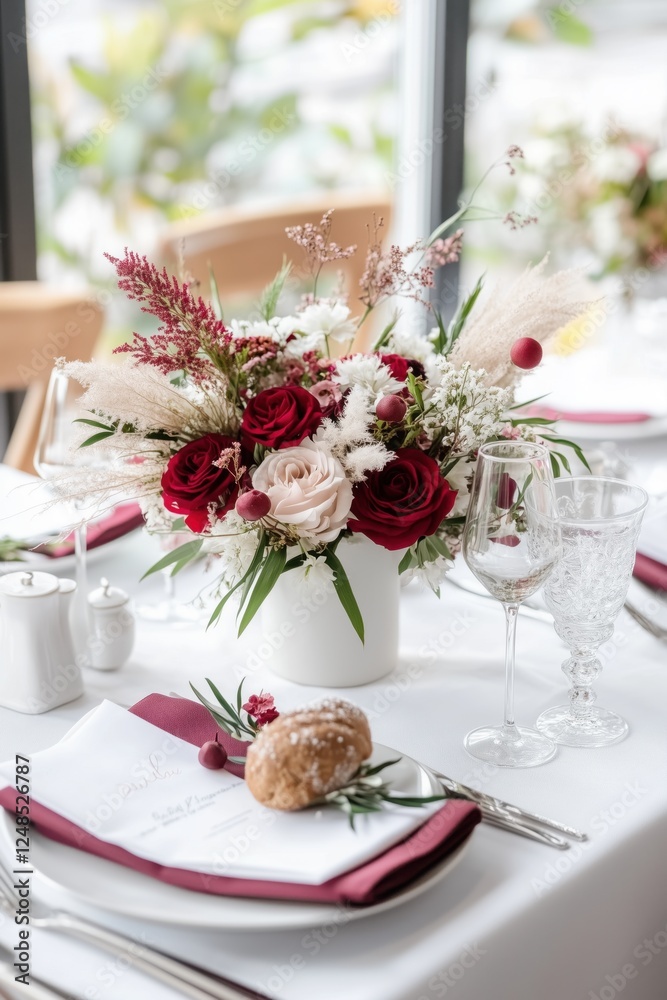 Wedding or event table decor featuring red and white roses in a vase with cutlery and plates.