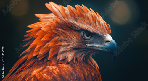 Vibrant orange and red harpy with intense gaze showcasing beautiful plumage in a serene forest environment during late afternoon photo