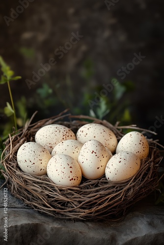 Woven basket with brown and white eggs. Ideal for rustic and eco-friendly Easter concepts.