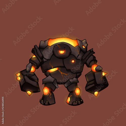 isolated stone golem with magma on a brown background for video game