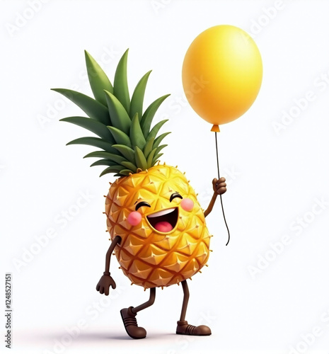 Pineapple with Balloon, 2D Kids Illustration on White Background

