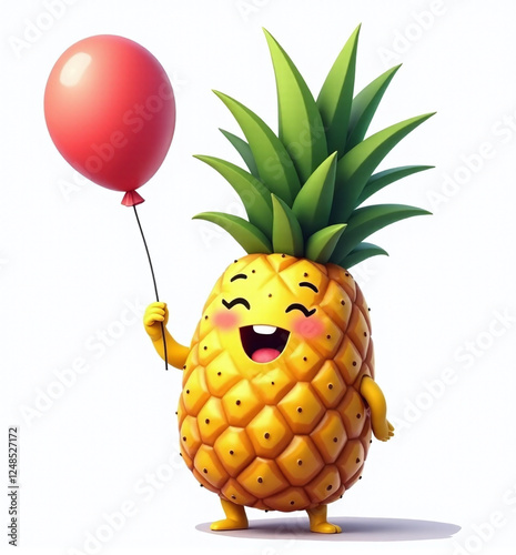 Pineapple with Balloon, 2D Kids Illustration on White Background

