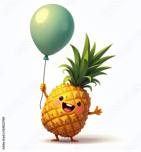 Pineapple with Balloon, 2D Kids Illustration on White Background

