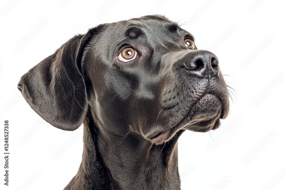Black dog with bright eyes looking curiously towards the camera against a plain white background Black dog with bright eyes looking curiously towards the camera against a plain white background