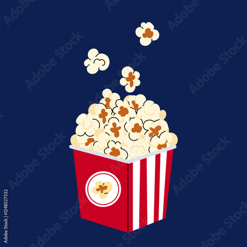 Popcorn. Box with popcorn. Red pack with popcorn for cinema or movie, circus, Luna Park. Flat food vector illustration.