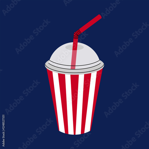 Red striped cup. Soda drink in paper cup. Cinema food. Cold drink for watching film, circus or luna park. Flat vector illustration.