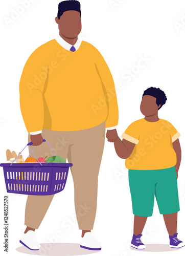 Plus Size Black Father With Groceries Walking With His Little Son While Holding Hands Together.