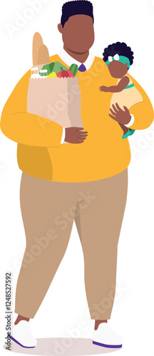 Plus Size Black Father With Groceries Bag Walking While Carrying His Baby Girl.