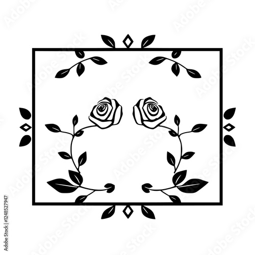 Black and White Roses and Leaves within a rectangular frame.