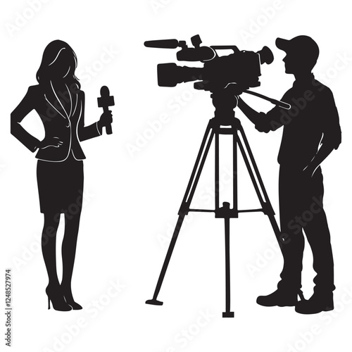 Silhouette News Team with Reporter and Cameraman in Action Graphic