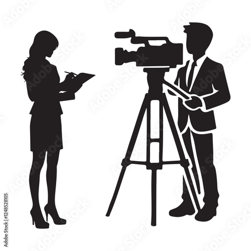 Silhouette of News Crew with Cameraman and Reporter Vector Illustration