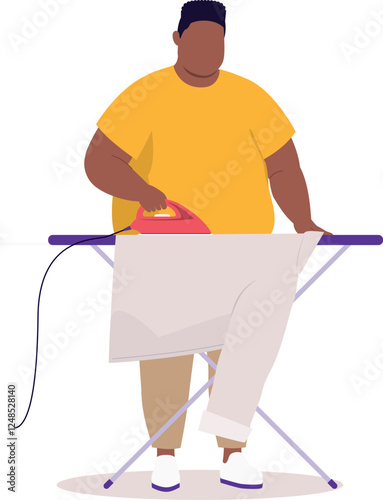 One Plus Size Black Man Ironing A Shirt With Electric Iron And Ironing Board.