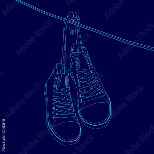 A pair of shoes hanging on a clothesline. The shoes are blue. The image has a moody, somewhat melancholic feel to it