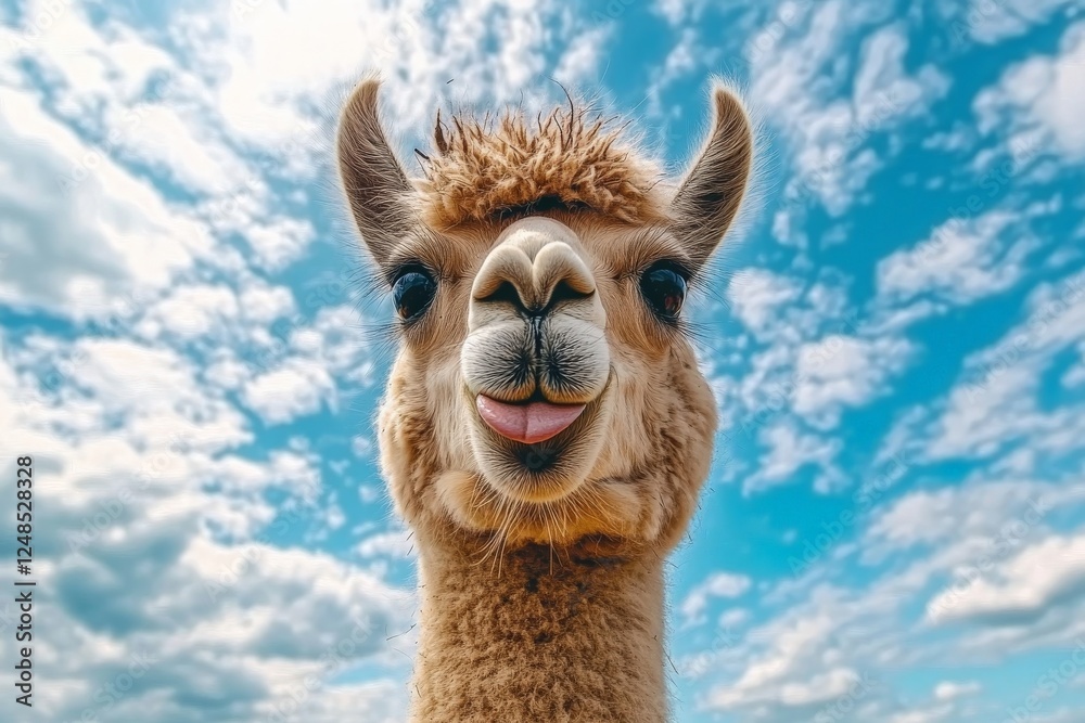 Obraz premium Funny llama sticking out its tongue against a vibrant blue sky with fluffy clouds