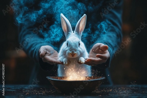 White rabbit performs magic trick with glowing particles in hands during nighttime photo