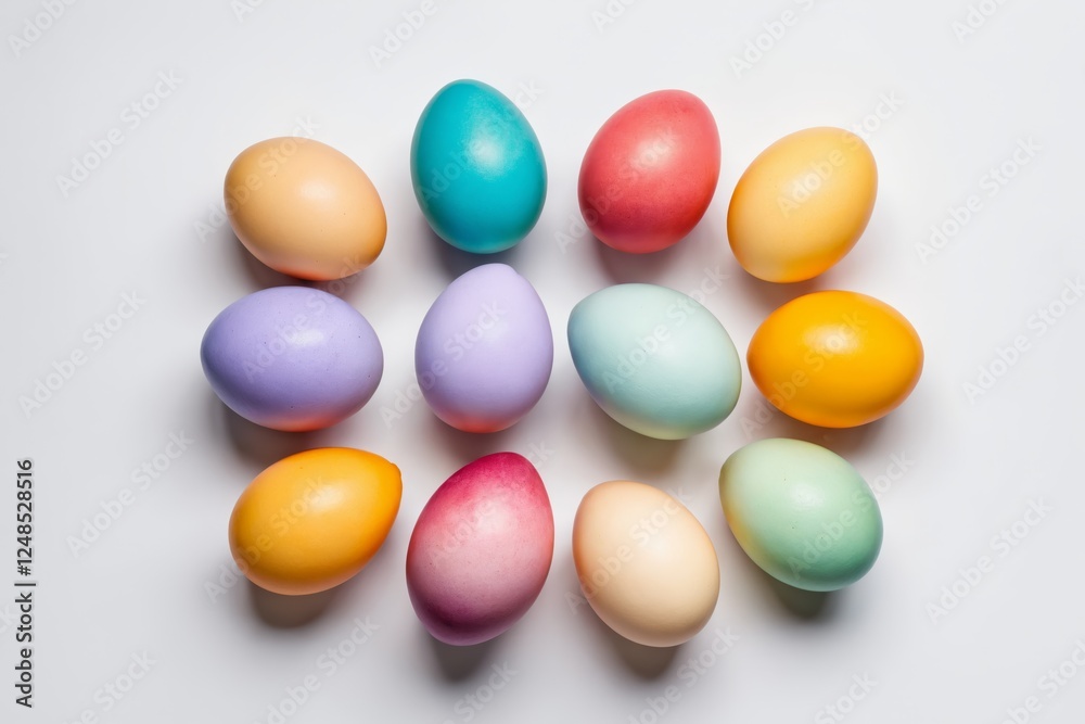 Overhead view of twelve colorful Easter eggs Overhead view of twelve colorful Easter eggs