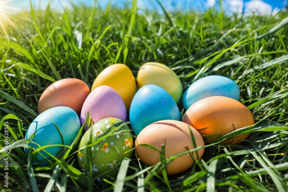 Group of colorful easter eggs nestled in green grass Group of colorful easter eggs nestled in green grass