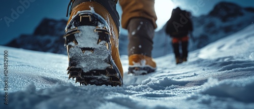 Close-up of determined mountain climbers with snowy boots hiking upwards, capturing the rigorous adventure of conquering the icy terrain.