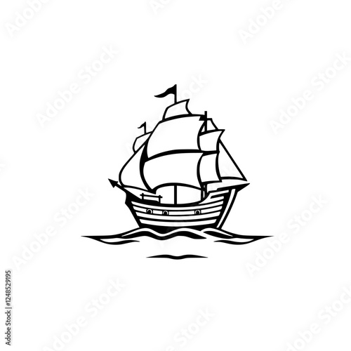 Black-and-white silhouette of a sailing ship in the middle of a white background, set in the water.