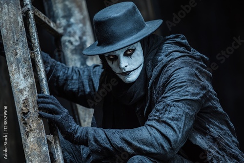 Mysterious figure clad in dark attire climbs a weathered ladder in an abandoned setting at dusk photo