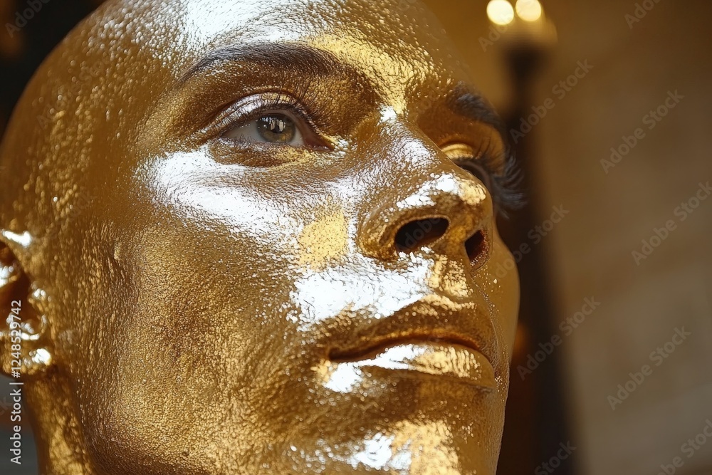 Gold-painted statue displays intricate details in an artistic setting