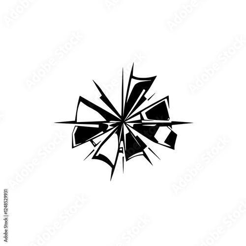 Black and white broken starburst abstract illustration over white background.