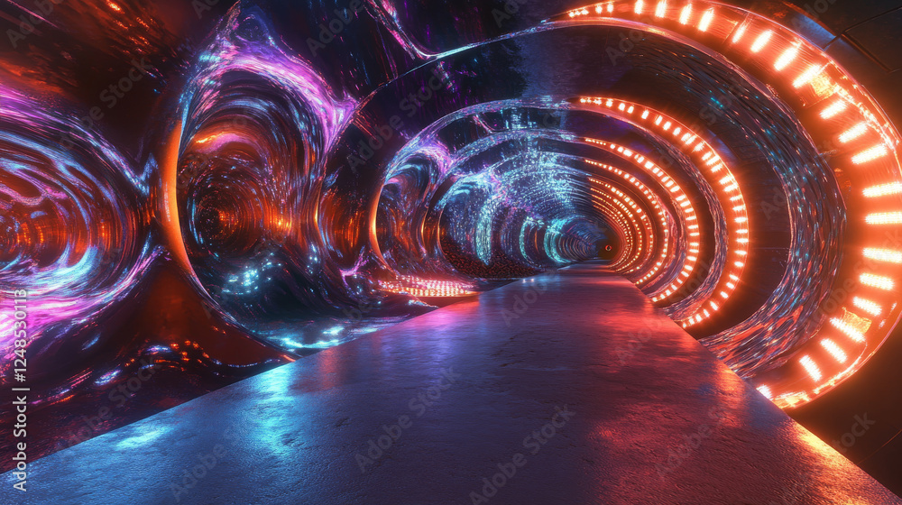 Obraz premium Group of lights illuminating tunnel interior 360 panorama vr environment map. 3D Illustration