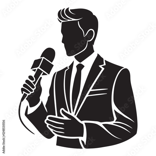 Handsome Male Journalist Talking Silhouette Vector Graphic Illustration Design