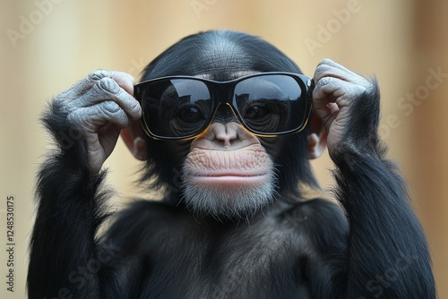Cute chimpanzee wearing oversized sunglasses while posing at a zoo in broad daylight
