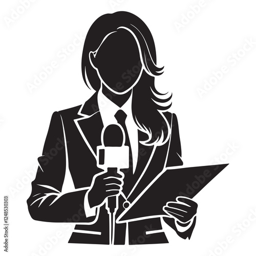 Female News Anchor Silhouette with Microphone and Document Vector