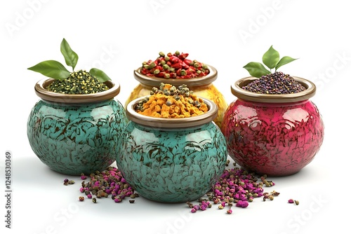 3D Style Elegant Spice Jars with Vibrant Seasonings Kitchen Storage. photo