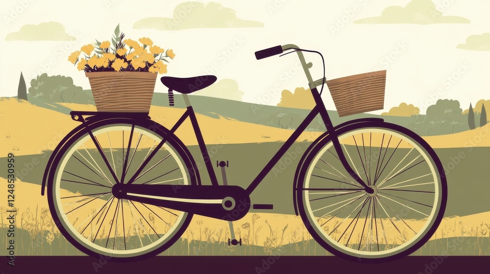 Fototapeta premium Vintage Bicycle with Flowers in Basket, Countryside Landscape