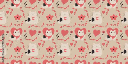 Seamless Valentine's Day cat pattern with hearts and flowers. Cute romantic design for fabric, cards, and decor