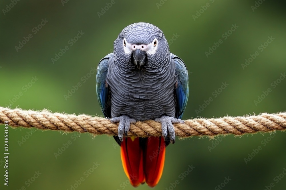 Fototapeta premium Gray parrot perched on a rope with vibrant tail feathers in a natural setting