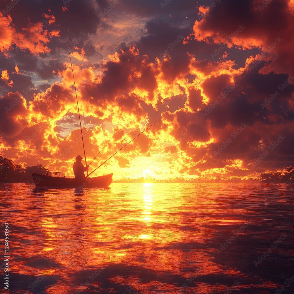 Fototapeta premium Fiery Sunset: Fisherman's Solitary Evening Catch