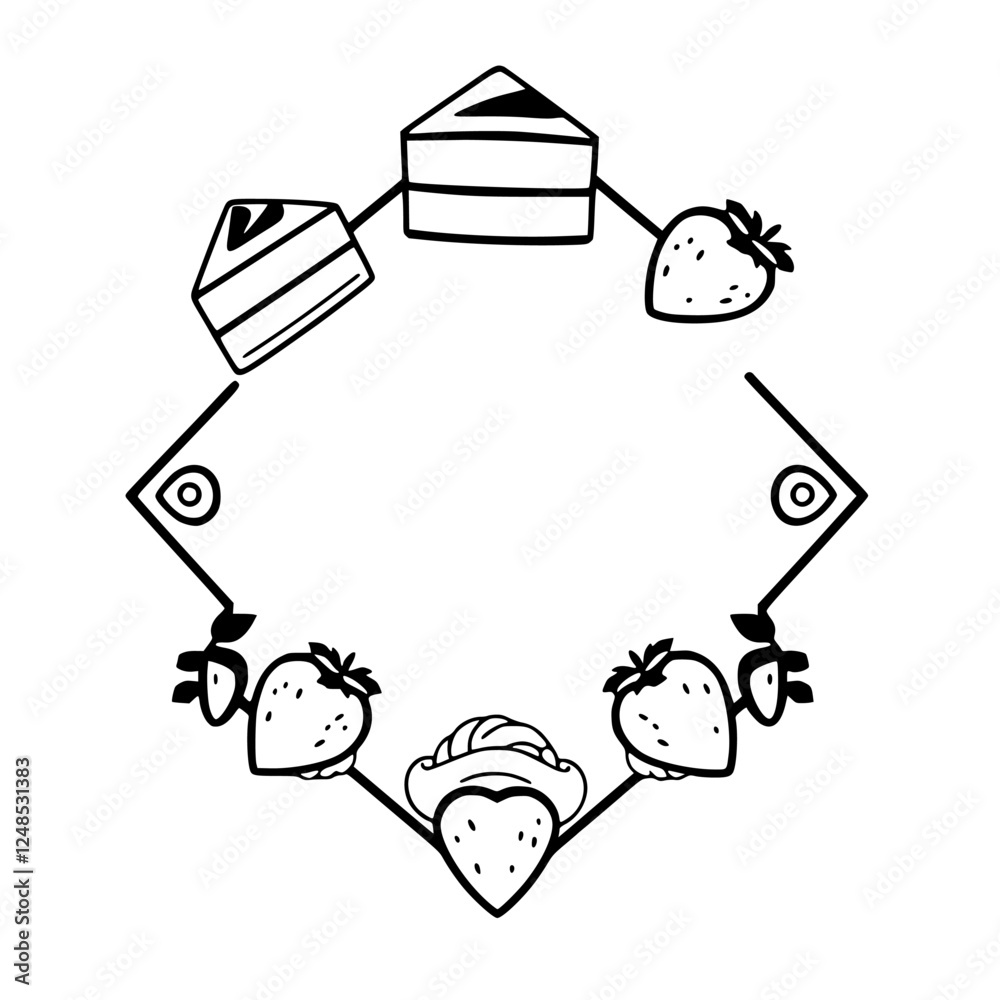Elegant contour line drawing of a frame featuring cake slices and strawberries. Elegant contour line drawing of a frame featuring cake slices and strawberries.
