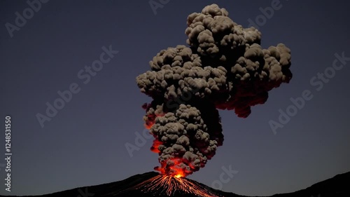 Volcano Erupting at Night | Static Shot Front View | Glowing Lava Exploding into Dark Sky | Fiery Ash and Smoke Plume | Dramatic Natural Disaster Scene | Molten Magma Flowing Down Slopes