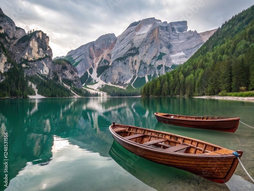 Tranquil Braies Lake with wooden boats floating on crystal-clear waters, surrounded by towering mountains and lush forests. A breathtaking travel destination in the Dolomites.